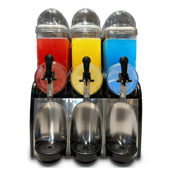 Smartool RL18-3 three-tank slush machine with red, yellow and blue drinks, front view, for convenience stores