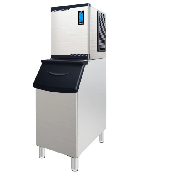 Smartool BF360 split head commercial ice maker on a stainless steel bin, for restaurants, bars and hotels
