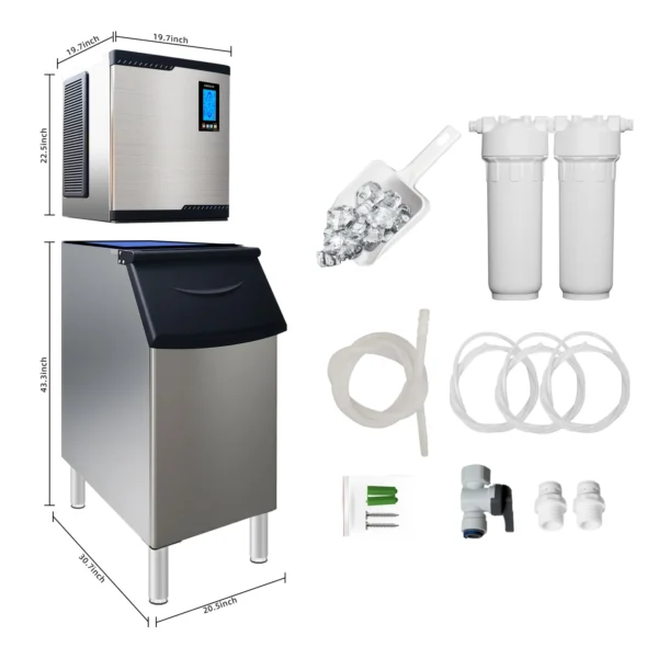 Smartool BF500 split ice maker and storage bin dimension diagram with scoop, filters and hoses, for bars and restaurants