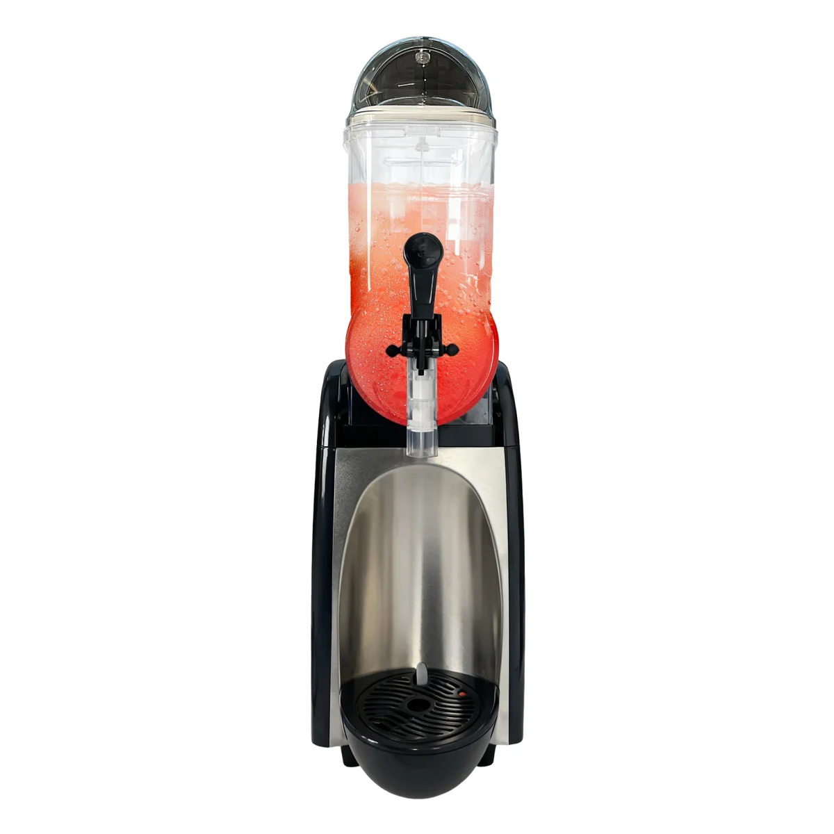 Smartool RLC18-1 single tank slushie machine with red frozen drink, front view, for cafés and convenience stores