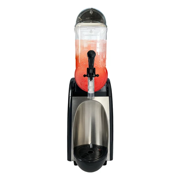 Smartool RLC18-1 single tank slushie machine with red frozen drink, front view, for cafés and convenience stores