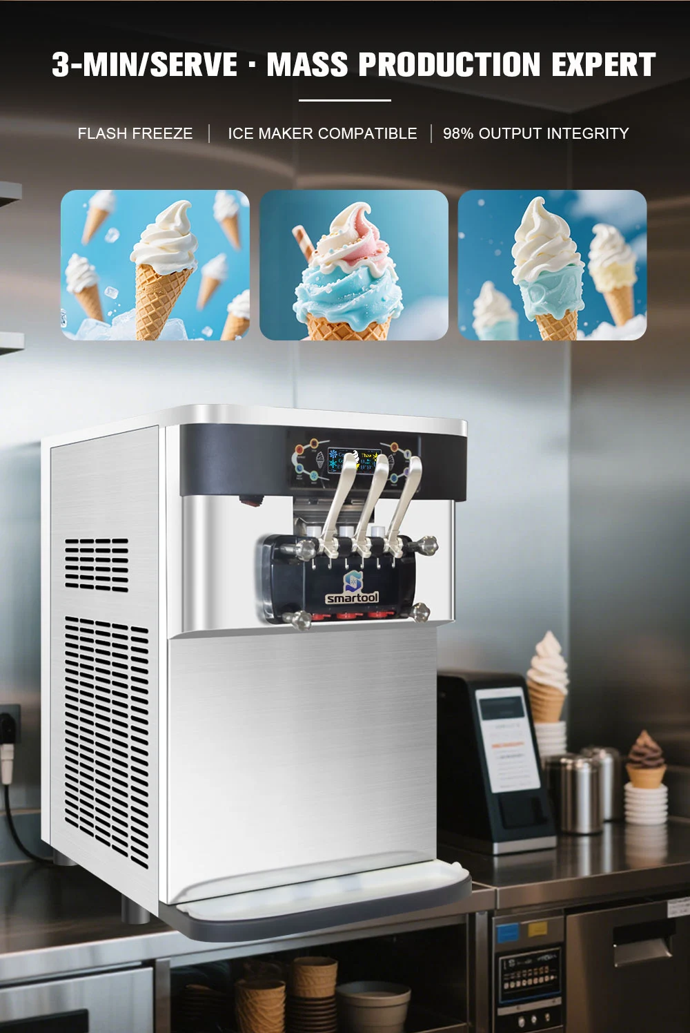 Smartool Countertop Stainless Steel Triple Head High Capacity Single System Ice Cream Machine - BT742SR2JL-F 2 Smartool - Smartool Countertop Stainless Steel Triple Head High Capacity Single System Ice Cream Machine - BT742SR2JL-F