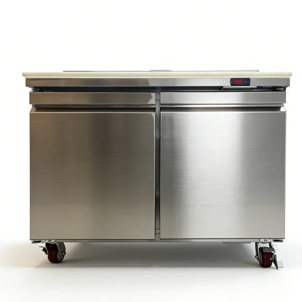 Smartool TSP47FC-2 refrigerated sandwich prep table with cutting board and casters, for sandwich shops and delis