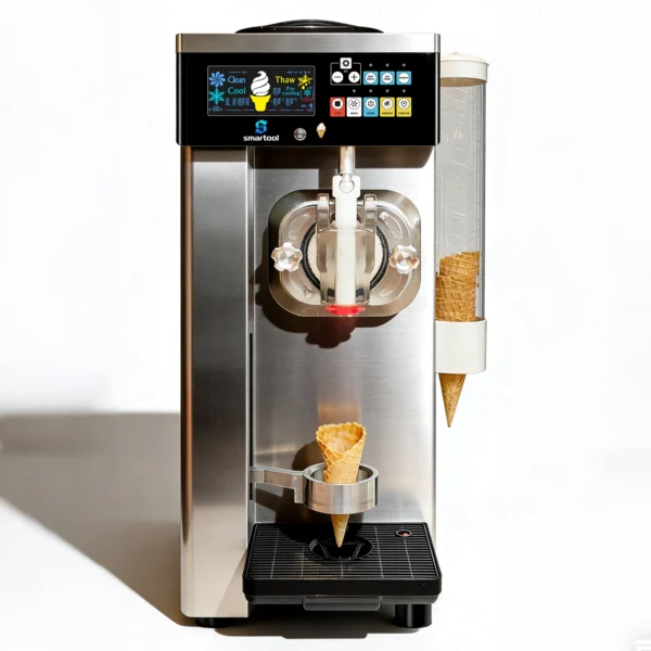 Smartool SW26-BA semi-automatic soft serve machine with cone dispenser, front view, for cafés and dessert shops