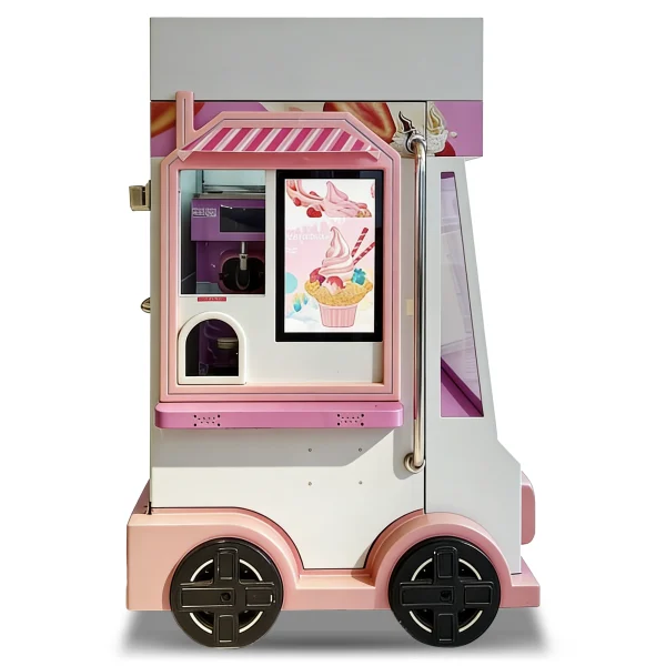 Smartool ice cream vending truck in pink and white with touchscreen and pickup window, for malls and amusement parks
