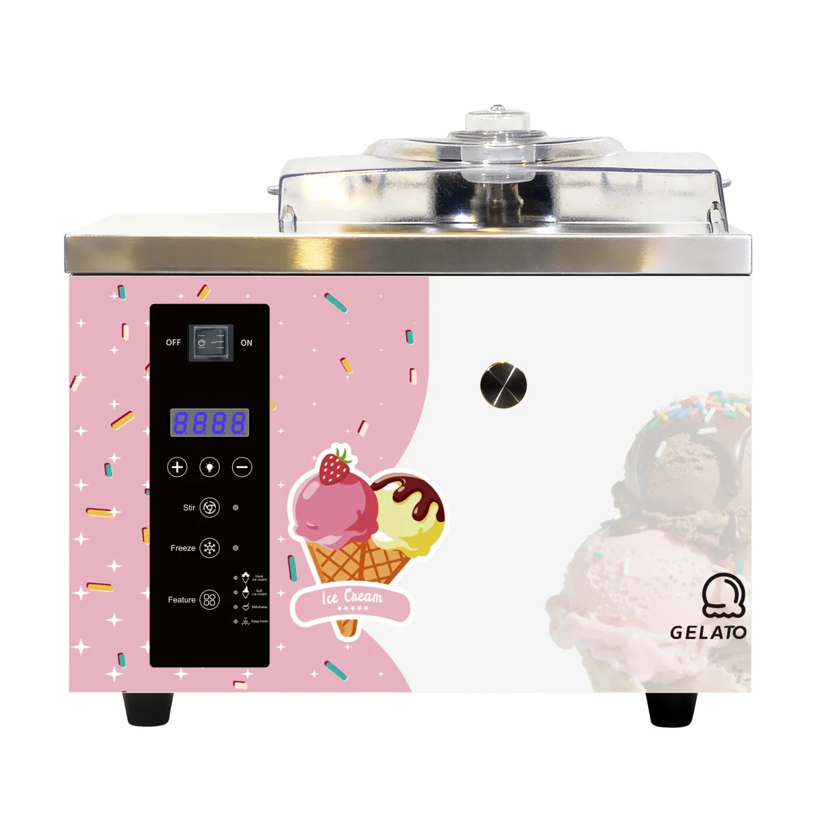 Smartool BQ hard and soft ice cream machine, front view with acrylic lid, for gelato shops and cafés