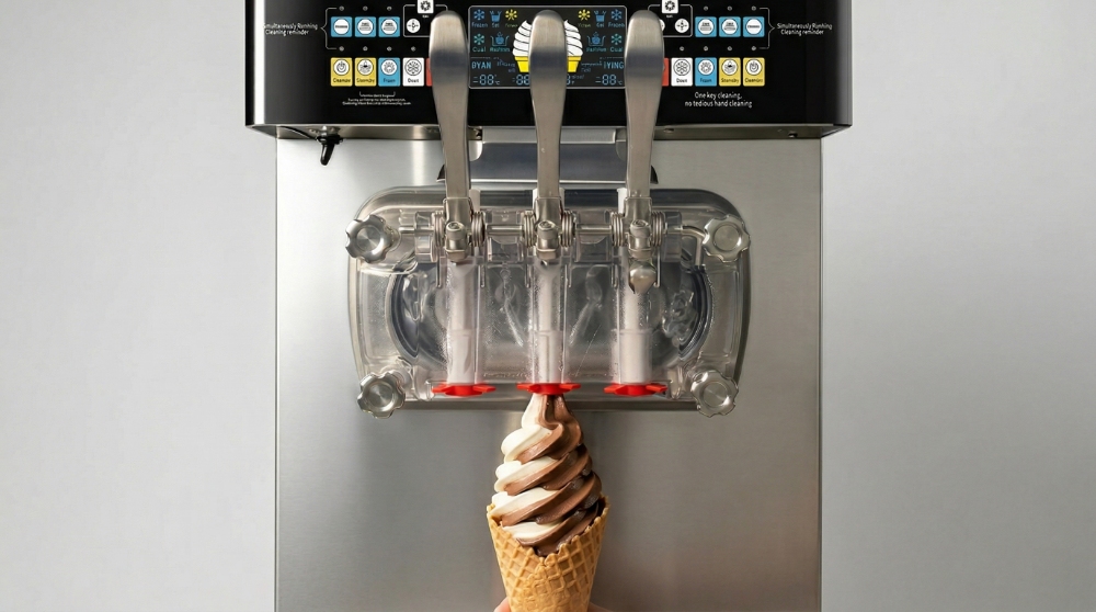 A commercial twin-cylinder soft serve ice cream machine, capable of single-flavor and twin-twist outputs, with a two-color cone directly underneath.