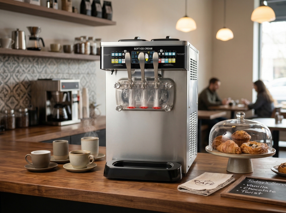 A countertop soft serve machine positioned on a busy cafe counter, alongside coffee cups and displayed pastries, illustrating use as a secondary menu item.