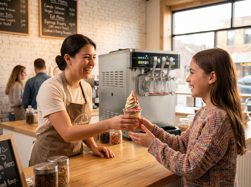 An ice cream shop server presents a complex, multi-flavor soft serve treat with rainbow sprinkles to a girl, demonstrating the high-volume service scenario.