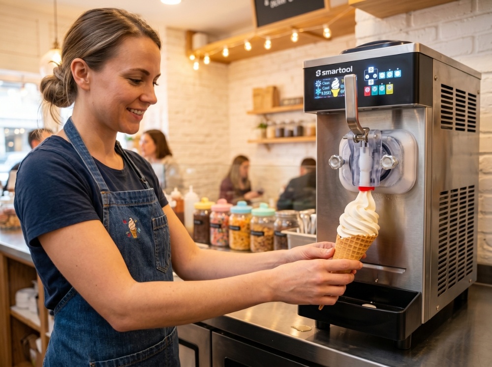 NSF, ETL, and FDA Explained: Certifications You Should Check Before Buying Commercial Freezers 4 A smiling cafe employee wearing a denim apron uses an NSF-certified Smartool commercial soft serve ice cream machine to efficiently serve customers, demonstrating the equipment's user-friendly design and safe daily operation.