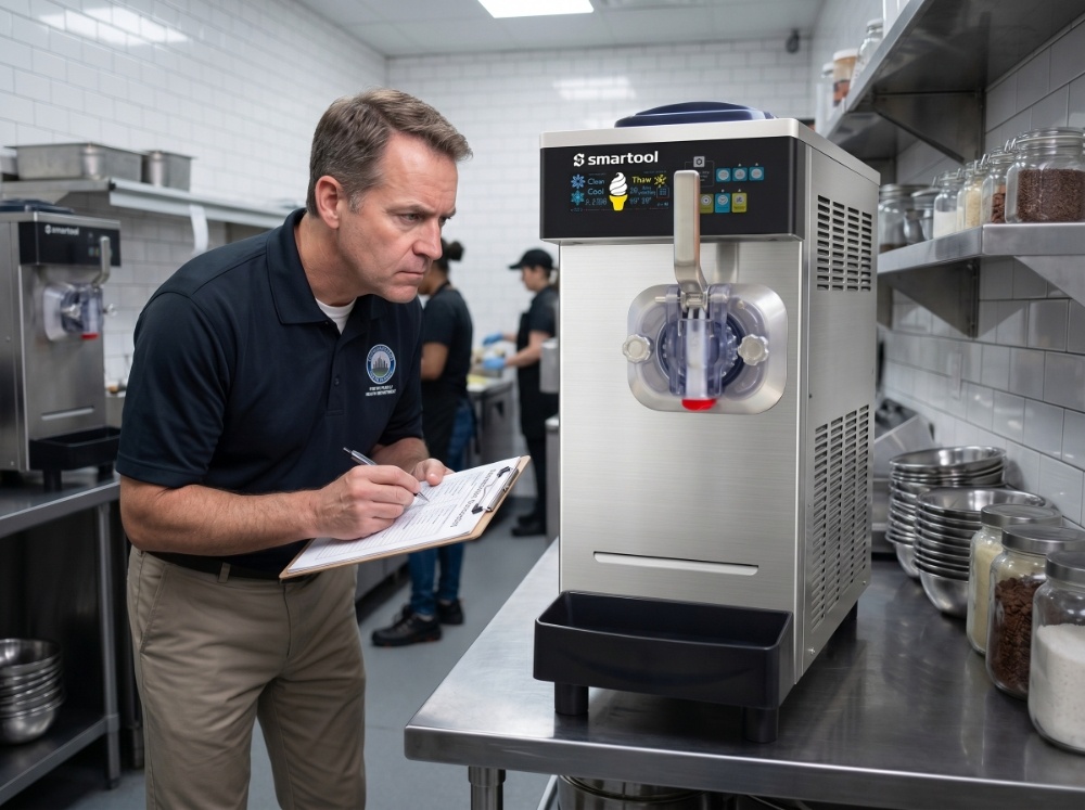 NSF, ETL, and FDA Explained: Certifications You Should Check Before Buying Commercial Freezers 2 A health inspector holding a clipboard examines a Smartool commercial soft serve ice cream machine in a restaurant kitchen, ensuring the stainless steel equipment meets NSF sanitation and FDA safety certifications.