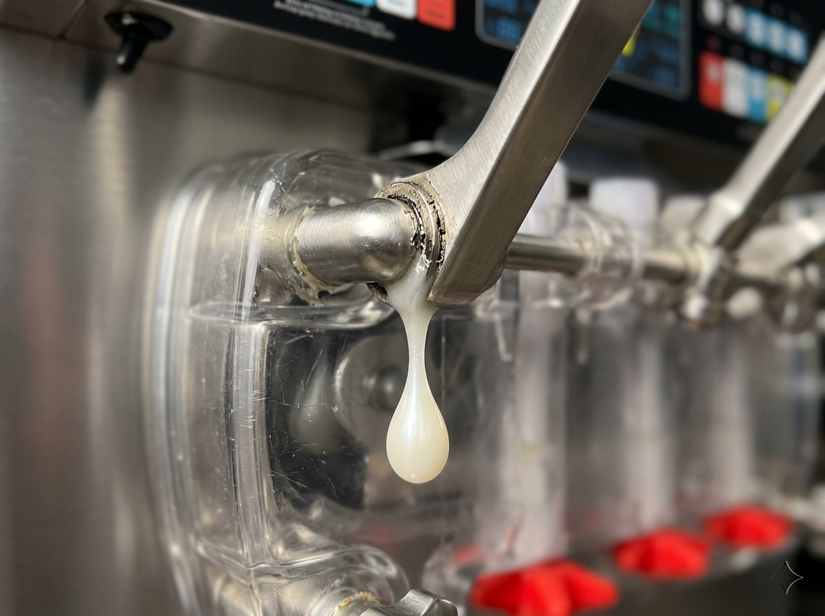 Warning Signs Your Soft Serve Machine Is About to Fail (and How to Act Early) 4 A macro close-up of a commercial soft serve machine's metal dispensing handle, showing a single drop of white liquid mix leaking out, indicating worn O-rings and failing internal mechanical seals.