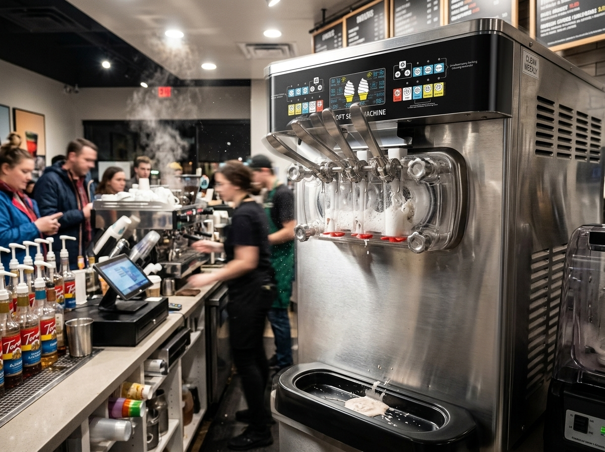 Warning Signs Your Soft Serve Machine Is About to Fail (and How to Act Early) 2 A commercial soft serve machine in a busy coffee shop is smoking and overheating. There is a puddle of melted ice cream mix leaking onto the black drip tray during a rush.