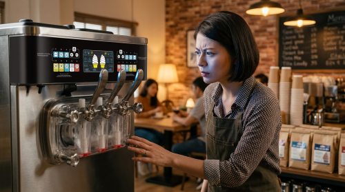 Blogs 4 A concerned female employee in an apron closely inspects the digital display panel of a commercial soft serve machine in a cafe, likely checking for recurring error codes or operational malfunctions.