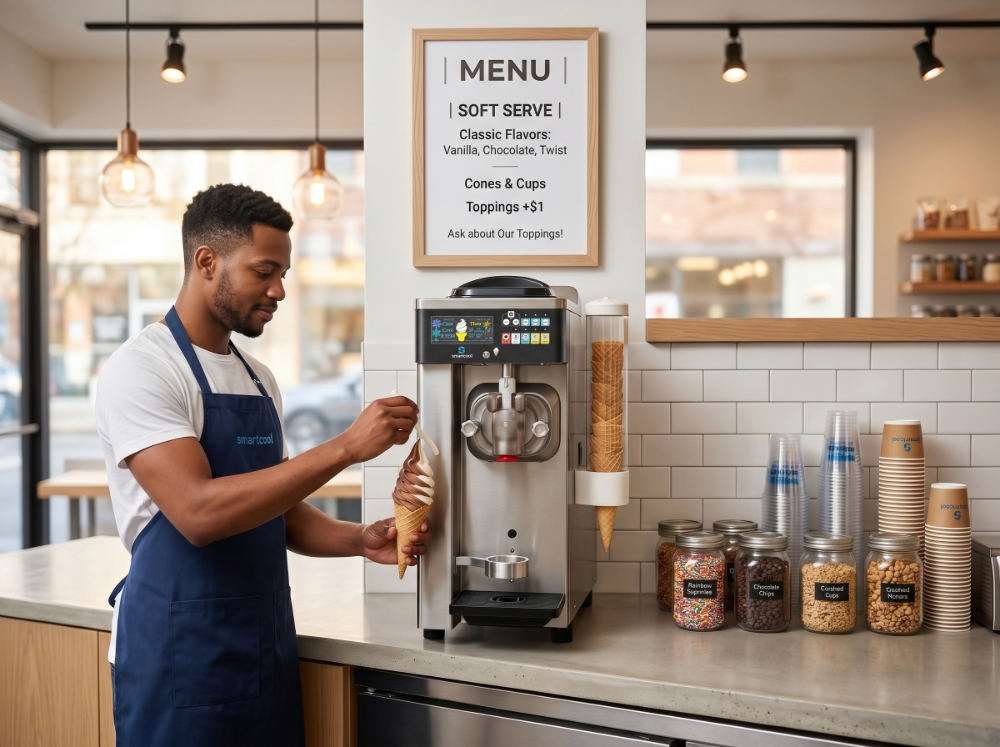 10 Common Mistakes to Avoid When Buying a Commercial Ice Cream Machine 4 A male shop worker wearing a blue apron operating a commercial soft serve ice cream maker, creating a perfect chocolate and vanilla twist cone under a clear menu board.
