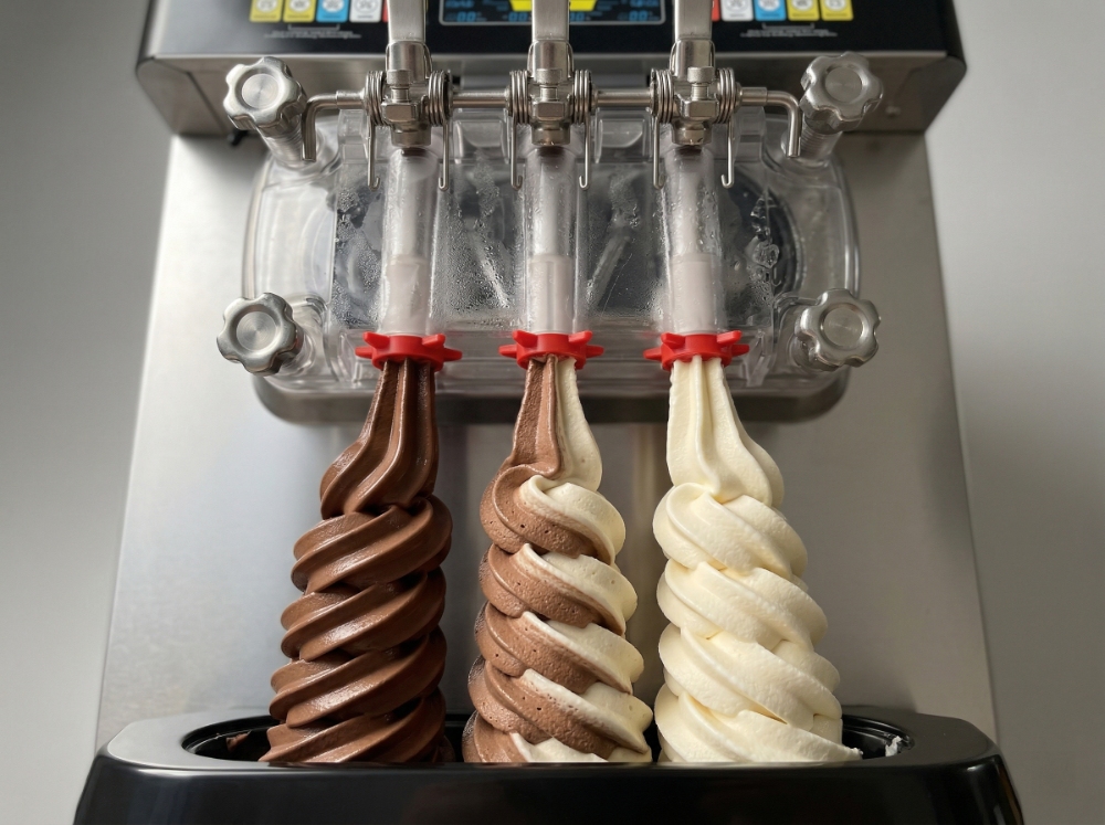 Gravity vs Pump Soft Serve Machines: Which Is Better for Profit and Consistency? 2 Close-up of a commercial soft serve machine dispensing three thick swirls of chocolate, vanilla, and twist ice cream simultaneously from its nozzles.