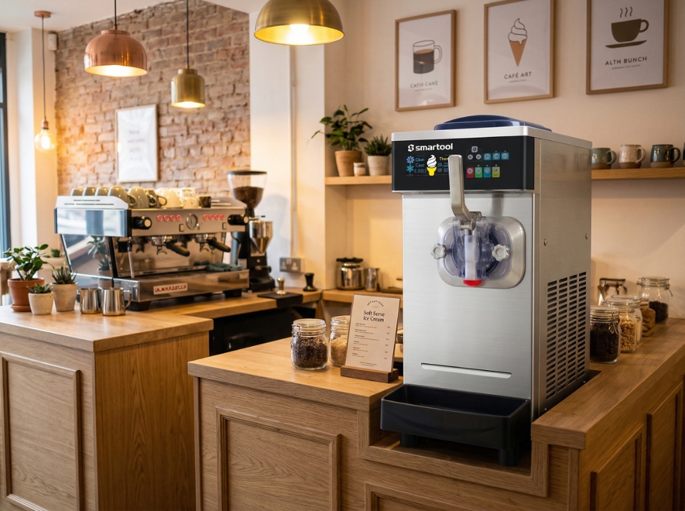Choosing the Best Commercial Ice Cream Machine: Practical Tips & Insights 2 A compact silver Smartool commercial soft serve ice cream machine resting on a wooden counter inside a cozy, warmly lit modern cafe environment.