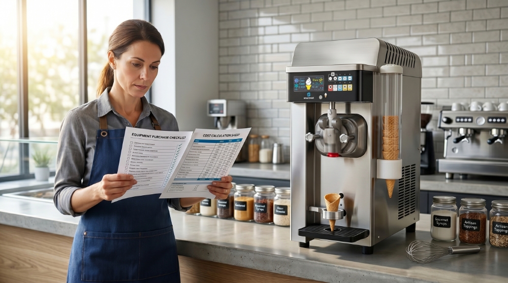 A female business owner reviewing an equipment purchase checklist and cost calculation sheet while standing next to a modern stainless steel commercial soft serve ice cream machine in a cafe.