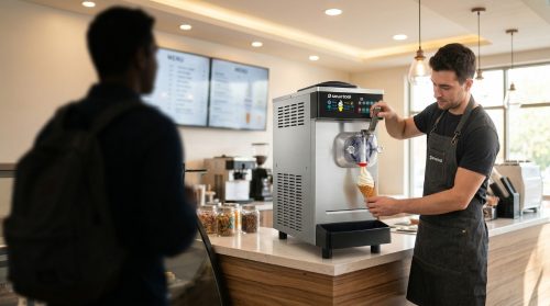 Blogs 7 A male cafe worker in a black apron uses a countertop commercial soft serve machine to dispense vanilla ice cream into a waffle cone.