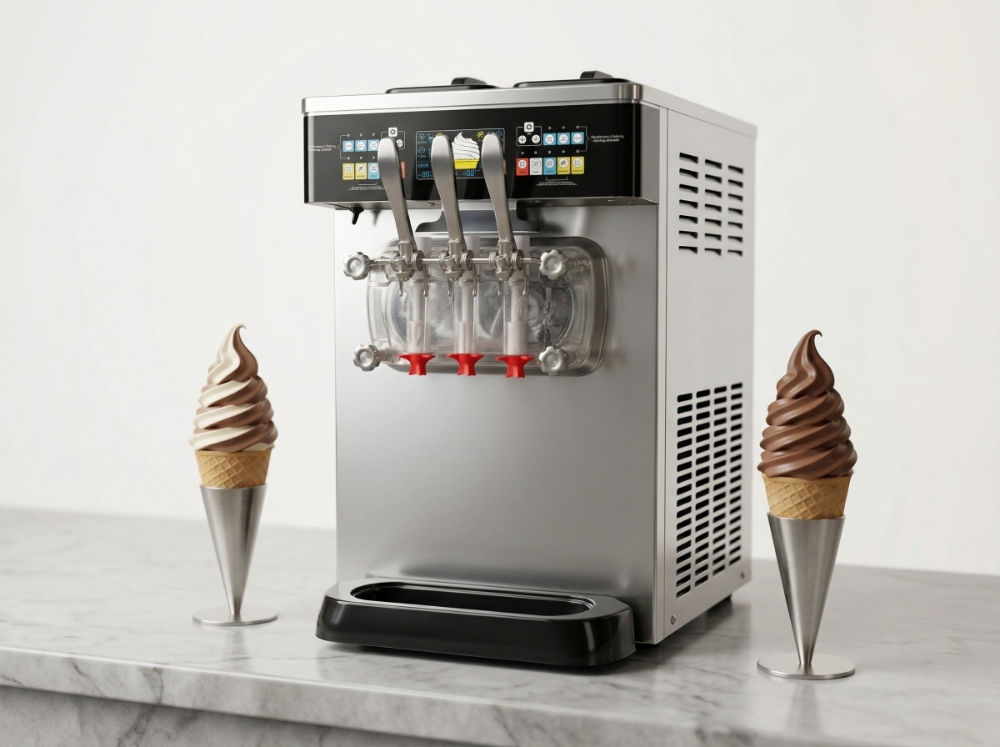 Gravity vs Pump Soft Serve Machines: Which Is Better for Profit and Consistency? 3 A modern, stainless steel commercial soft serve ice cream maker sitting on a clean marble countertop, flanked by two perfect twist cones in holders.