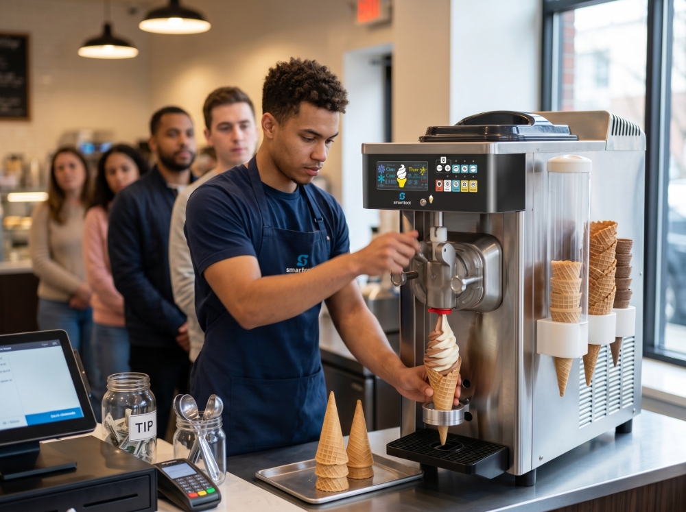 10 Common Mistakes to Avoid When Buying a Commercial Ice Cream Machine 2 A busy male employee quickly dispensing soft serve ice cream from a high-capacity commercial machine to serve a long line of waiting customers during peak store rush hours.
