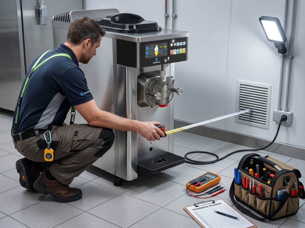 10 Common Mistakes to Avoid When Buying a Commercial Ice Cream Machine 3 A professional technician crouching on the floor, using a tape measure to check the ventilation distance between a commercial ice cream machine and the wall to ensure proper installation.