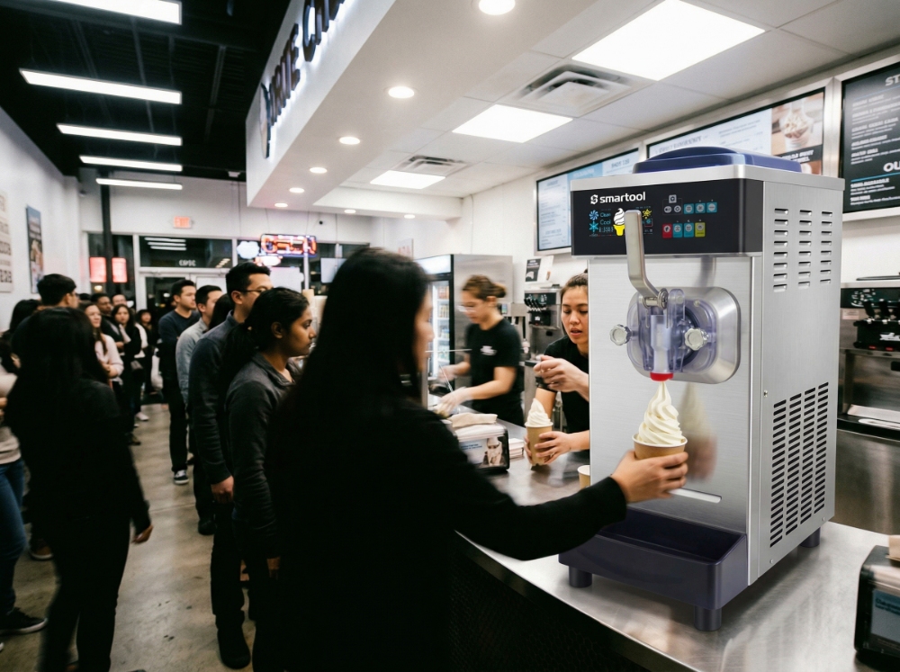 Choosing the Best Commercial Ice Cream Machine: Practical Tips & Insights 3 An employee dispenses soft serve ice cream into a cup using a commercial machine during a busy rush hour with a long customer line.