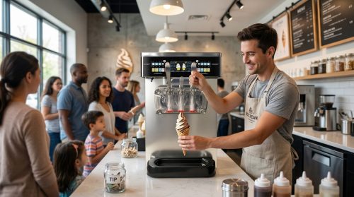 Blogs 6 A smiling worker pulls a lever on a commercial soft serve machine, serving a perfect twist cone to a waiting family in a bright shop.