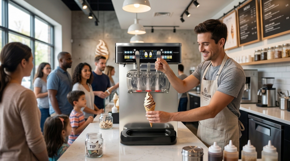 A smiling worker pulls a lever on a commercial soft serve machine, serving a perfect twist cone to a waiting family in a bright shop.