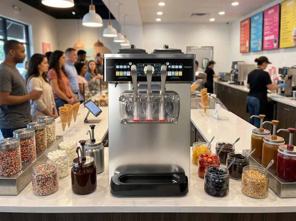 Gravity vs Pump Soft Serve Machines: Which Is Better for Profit and Consistency? 4 A high-capacity soft serve machine on a shop counter surrounded by glass jars filled with colorful toppings, while a line of customers waits behind.