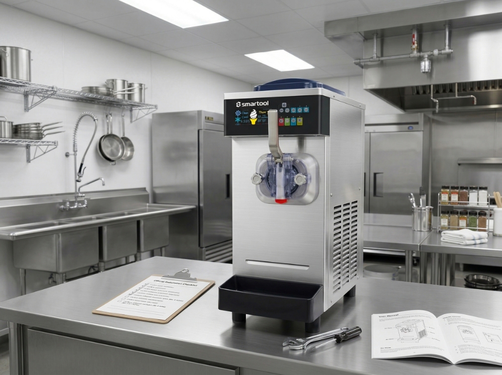 Choosing the Best Commercial Ice Cream Machine: Practical Tips & Insights 4 A stainless steel commercial ice cream machine sits on a metal prep table in a professional kitchen alongside an installation manual and a wrench.