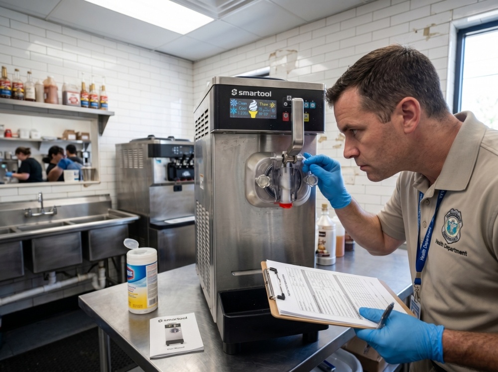 NSF, ETL, and FDA Explained: Certifications You Should Check Before Buying Commercial Freezers 3 A health department official wearing blue gloves conducts a detailed hygiene inspection on the dispensing nozzle of a Smartool commercial ice cream machine, verifying its FDA-compliant, easy-to-clean sanitary design.