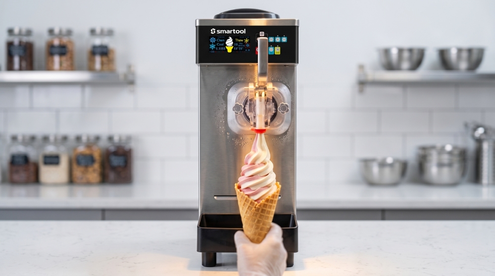 Close-up of an ETL-certified Smartool commercial soft serve machine smoothly dispensing dual-flavor ice cream into a waffle cone, highlighting its food-grade materials and reliable performance for busy food service businesses.