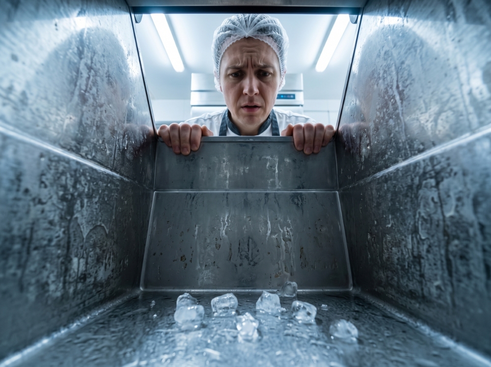 How to Protect Your Ice Machine During Peak Summer Demand 2 A worried chef in a white uniform looks down into a nearly empty stainless steel commercial ice machine bin containing only a few melting ice cubes during a busy shift.