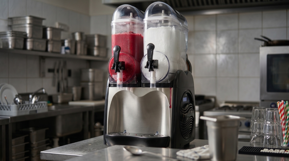 A stainless steel commercial slushy machine with two clear bowls sits on a metal counter in a restaurant kitchen, dispensing bright red and white frozen drinks.