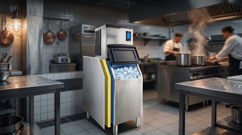 Blogs 4 A commercial ice machine in a bustling professional kitchen features a cross-section visual highlighting its thick insulation layer, keeping a full bin of ice perfectly frozen despite surrounding heat.