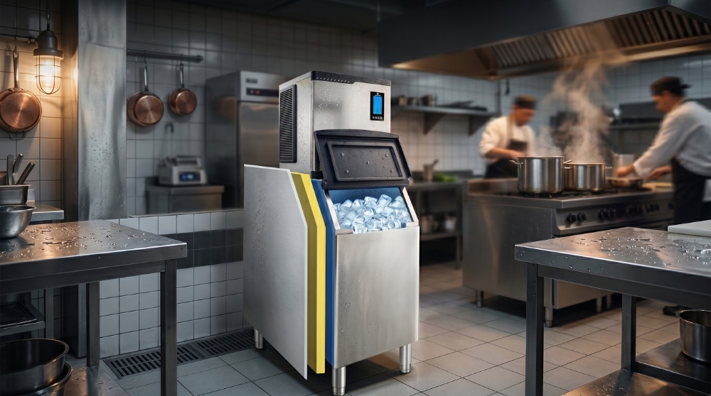 A commercial ice machine in a bustling professional kitchen features a cross-section visual highlighting its thick insulation layer, keeping a full bin of ice perfectly frozen despite surrounding heat.