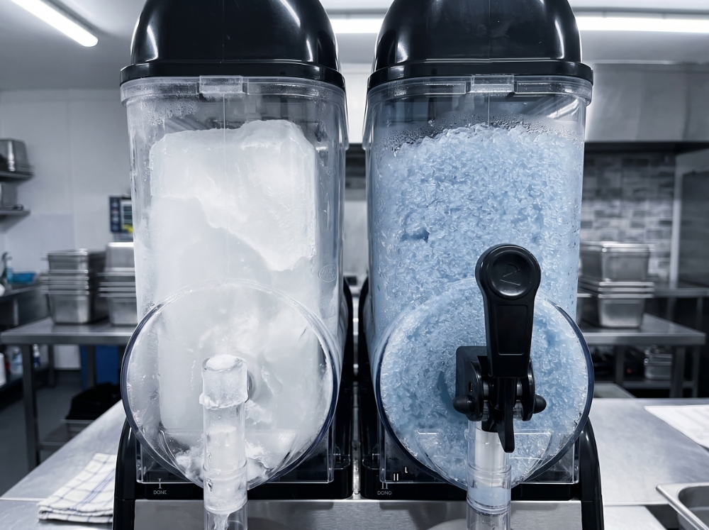 A close-up view of a dual-bowl slush dispenser showing a common freezing problem, with one side frozen into a solid white ice block and the other containing blue slush.	