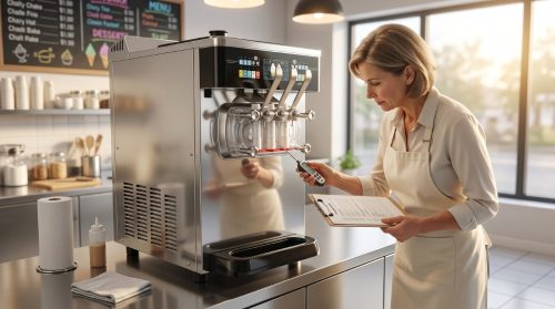 Blogs 2 A female shop owner in a beige apron meticulously inspects a commercial soft-serve ice cream machine using a thermometer and clipboard to ensure pre-summer operational readiness.