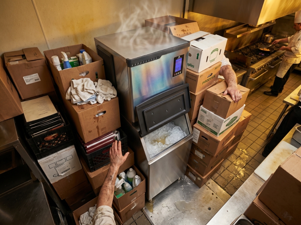 How to Protect Your Ice Machine During Peak Summer Demand 4 An overheating commercial ice maker in a restaurant kitchen struggles to function, heavily surrounded and blocked by cardboard storage boxes, demonstrating the dangers of restricted airflow and poor ventilation.