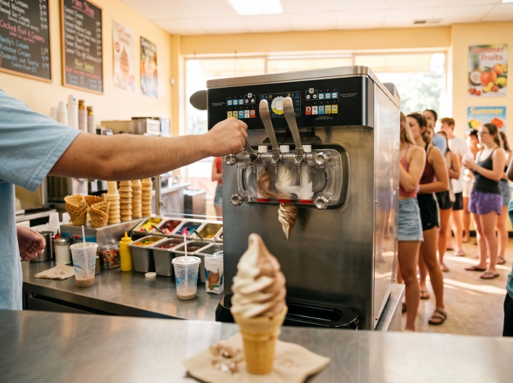 A worker dispenses a perfect twist of soft-serve ice cream from a commercial machine while a long line of eager customers waits during a busy summer day.