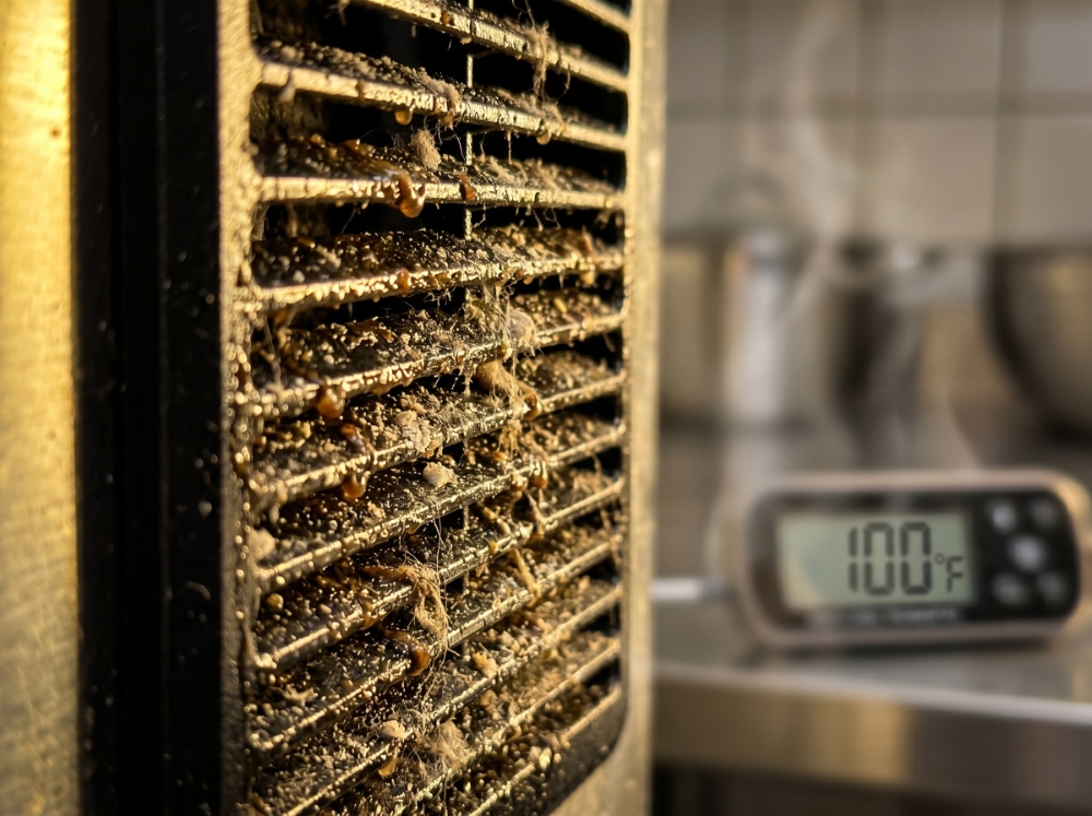 How to Protect Your Ice Machine During Peak Summer Demand 3 A close-up view shows a commercial ice machine condenser grille heavily clogged with thick dust and grease, while a blurred background thermometer displays a dangerously hot 100 degrees Fahrenheit.