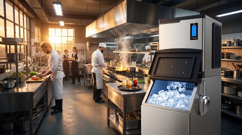 A high-capacity commercial stainless steel ice machine with its bin open to reveal ice, located in a bustling professional kitchen