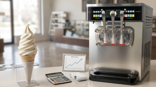 Blogs 6 A commercial soft serve ice cream machine sits on a clean counter next to a perfect vanilla cone, a calculator, receipts, and a framed chart displaying upward profit growth.
