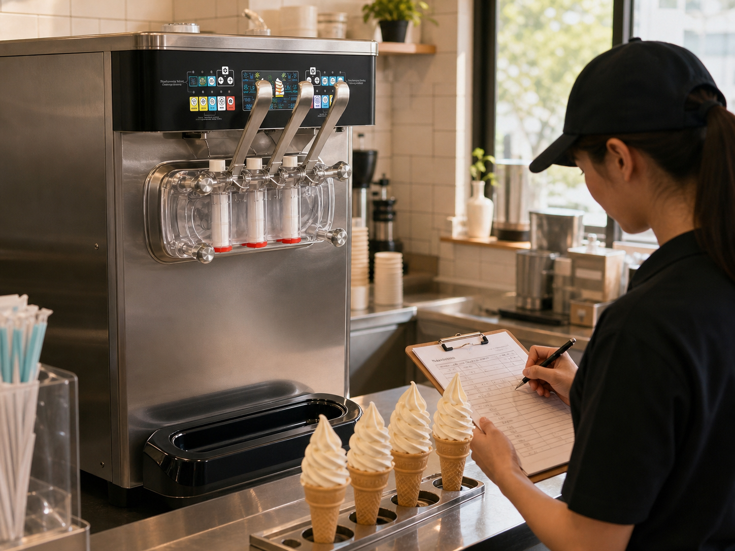 A female employee in a black uniform conducts a performance trial on a commercial ice cream machine, recording data on a clipboard next to four freshly dispensed cones.