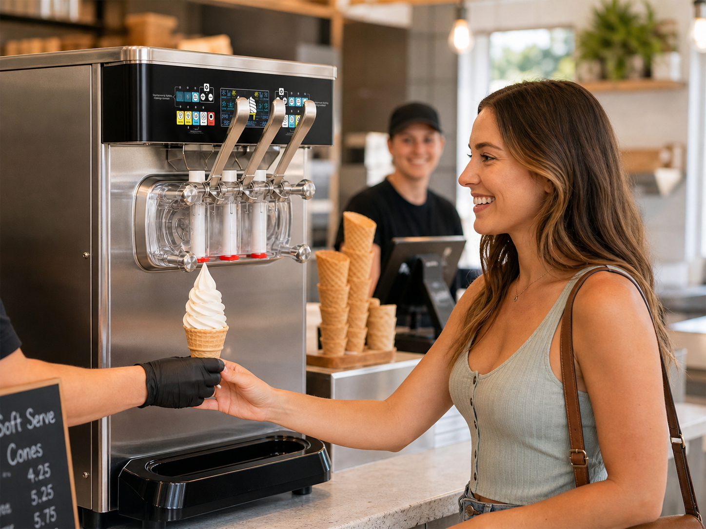 A happy female customer receives a freshly dispensed soft-serve ice cream cone from a shop worker operating a high-quality commercial ice cream machine in a bright store.