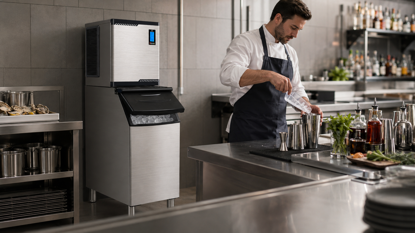 A bartender pours ice into a metal shaker beside a stainless commercial ice maker in a restaurant prep area with bottles and cookware on a steel counter.
