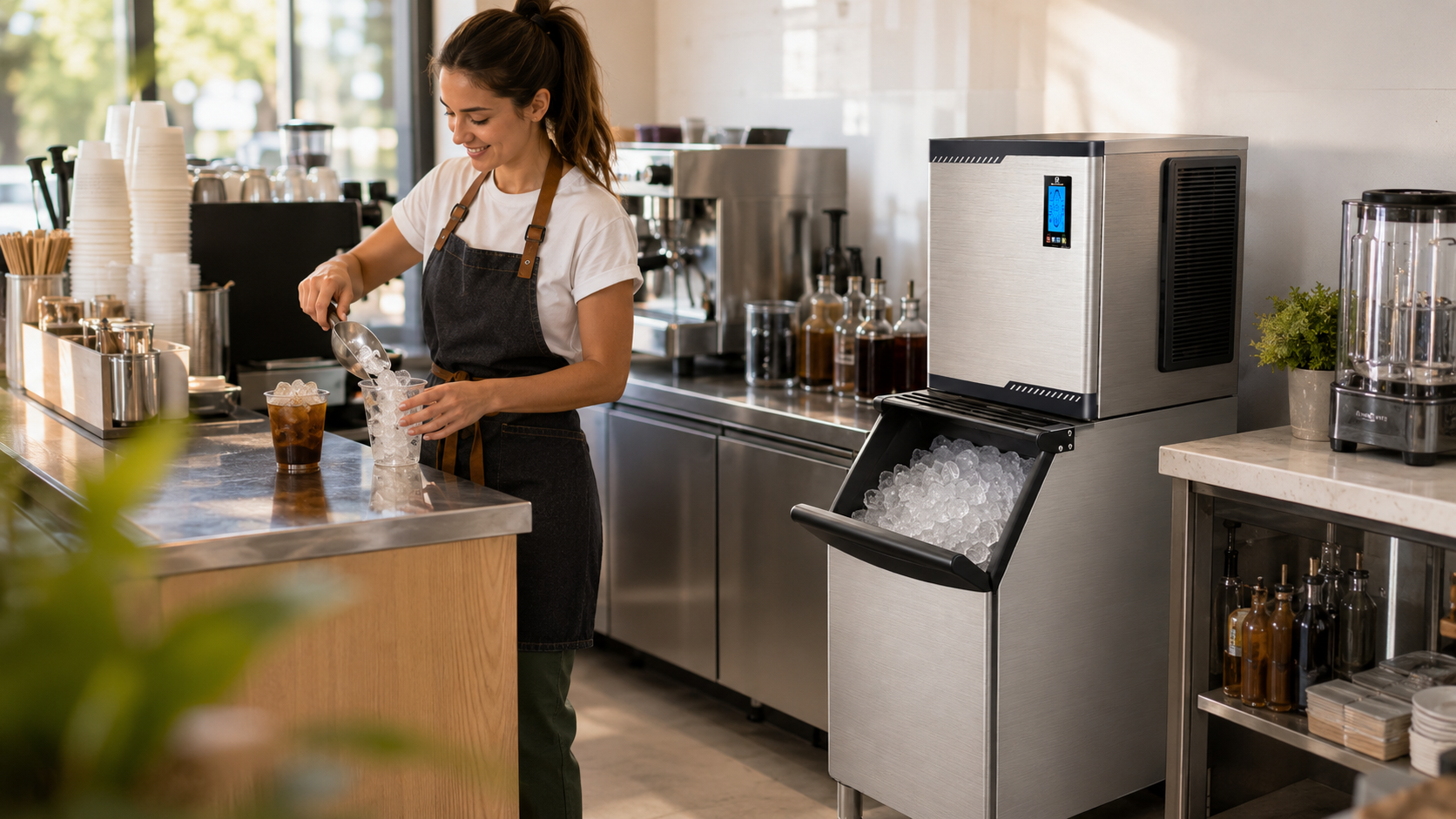 A cafe worker scoops clear ice into a plastic cup beside an open bin commercial ice maker in a bright coffee bar workspace with cups nearby.