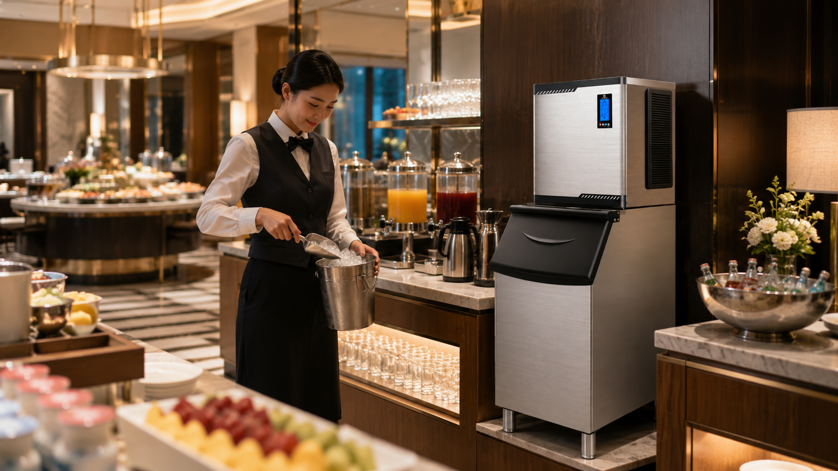 A hotel service worker fills a metal bucket with ice near a stainless commercial ice maker, beverage dispensers, glassware, and buffet stations during breakfast drink service.