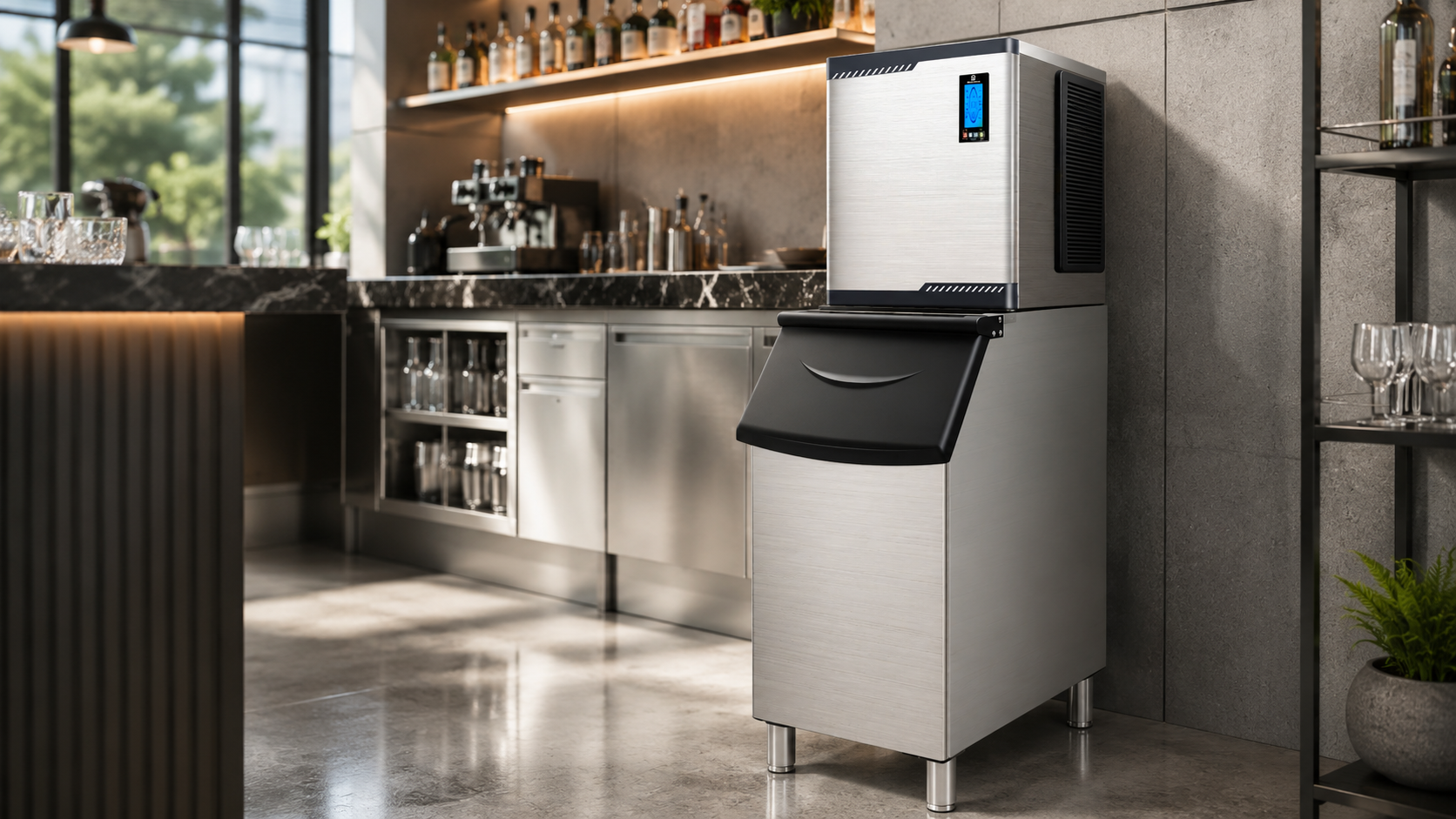A stainless steel commercial ice maker stands beside a bar counter, with glassware, liquor bottles, concrete walls, and a softly lit beverage service area nearby.